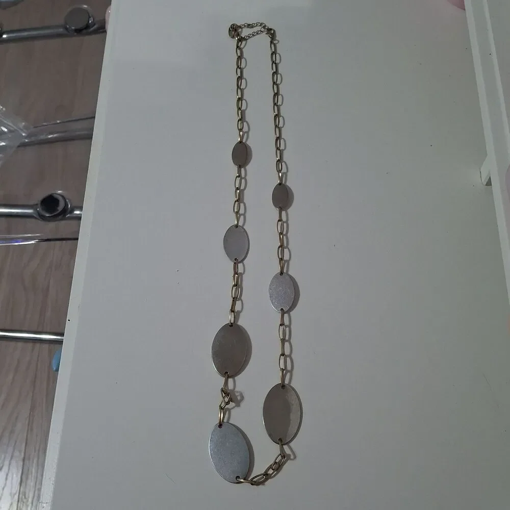 Gold Tone Chain Silver Tone Oval Metal Metallic Plates Long Strand Necklace